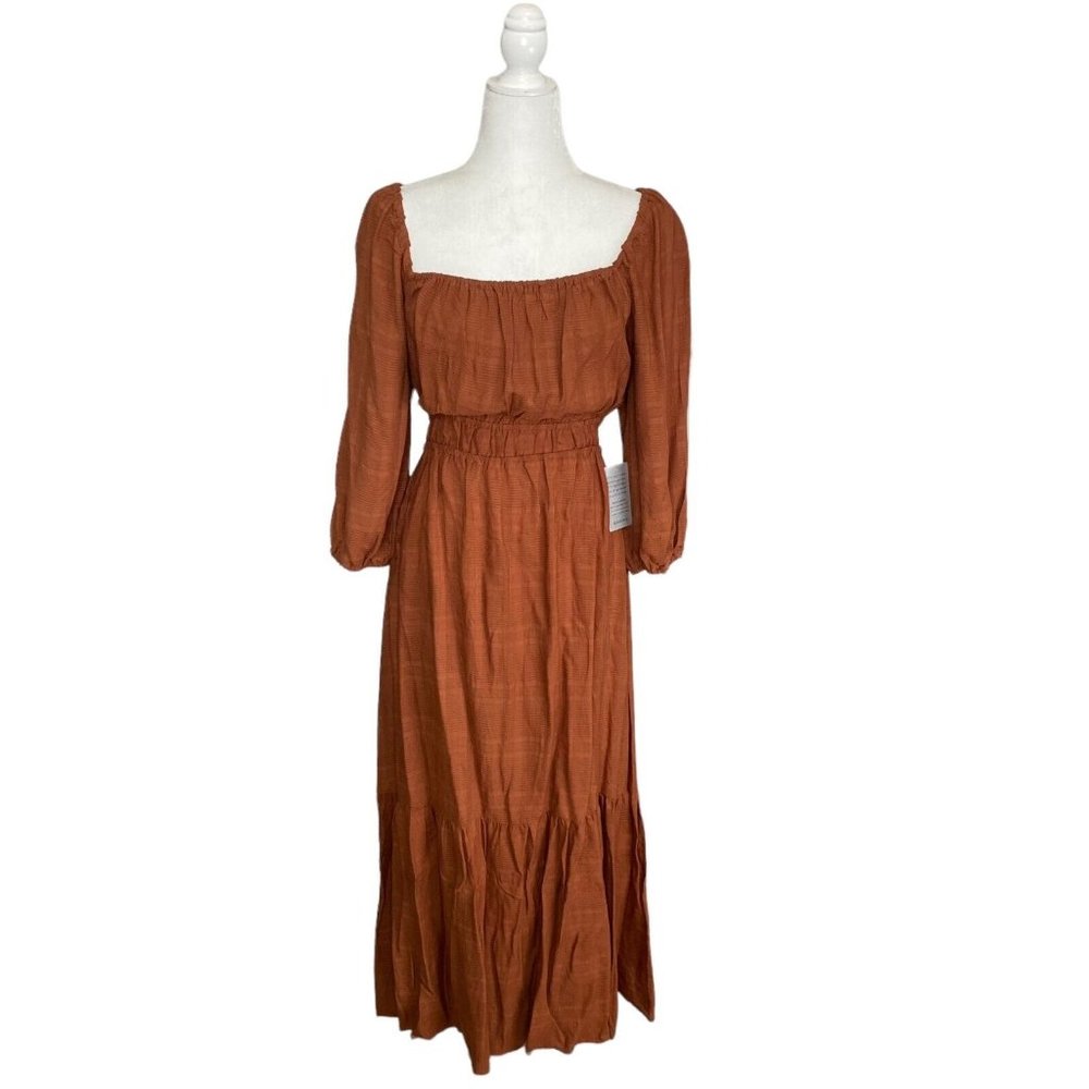 LUSH Square Neck Brown Puff Sleeve Prairie Boho Tie Back Maxi Dress Size L NEW